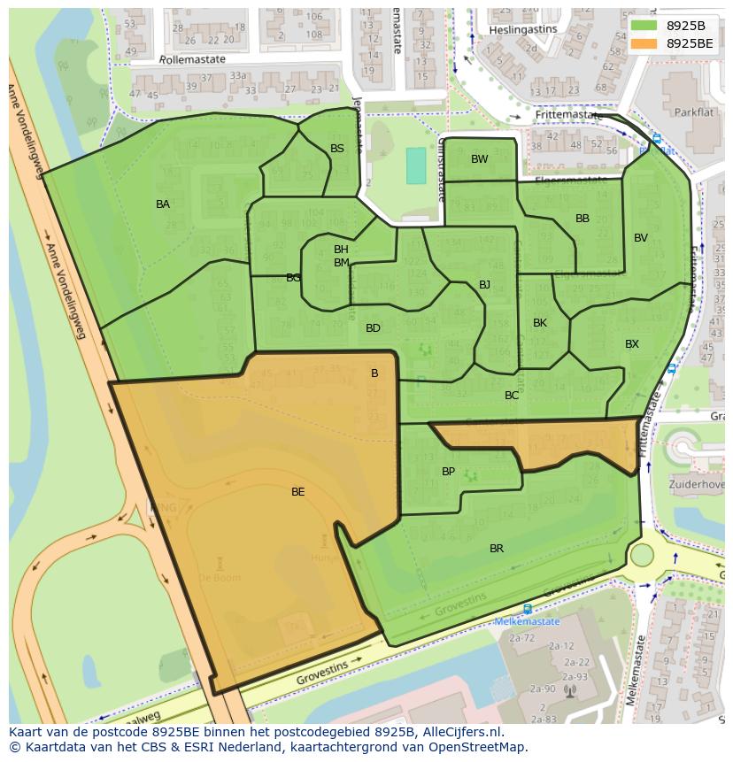Afbeelding van het postcodegebied 8925 BE op de kaart.