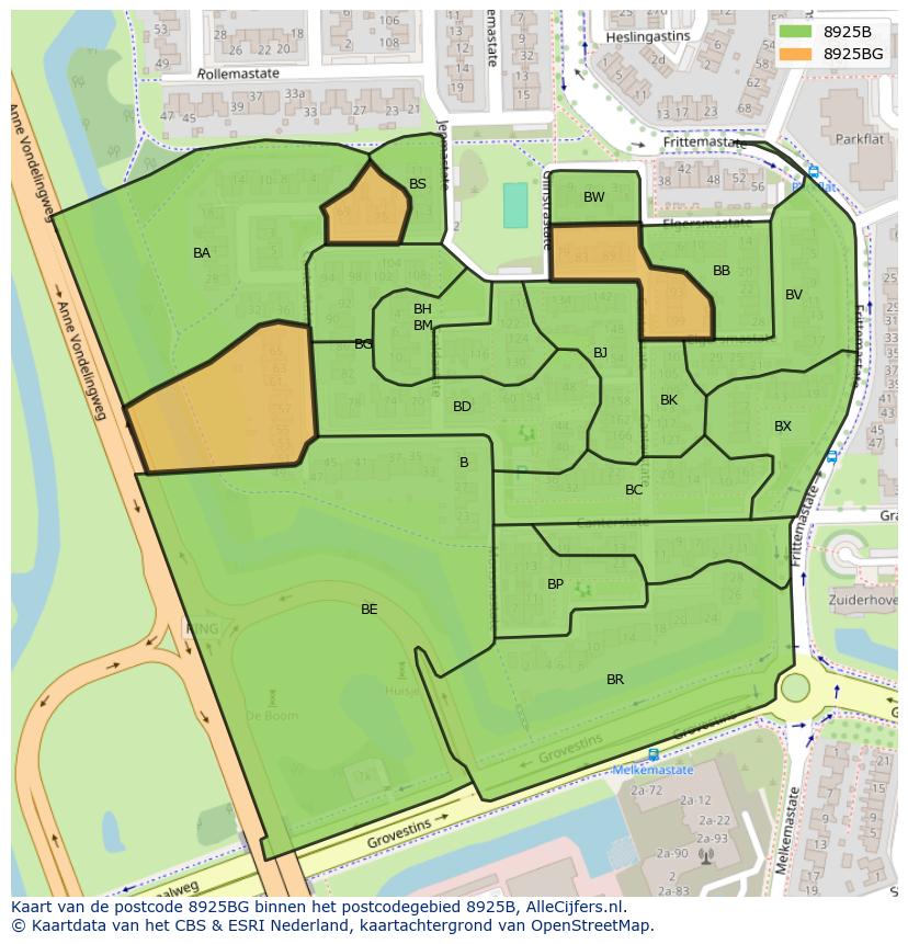 Afbeelding van het postcodegebied 8925 BG op de kaart.
