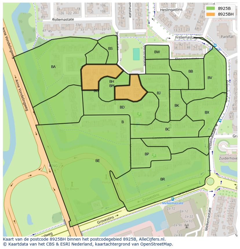 Afbeelding van het postcodegebied 8925 BH op de kaart.