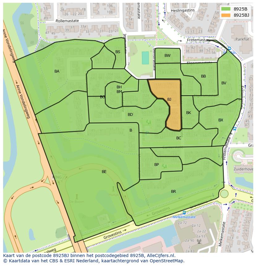 Afbeelding van het postcodegebied 8925 BJ op de kaart.
