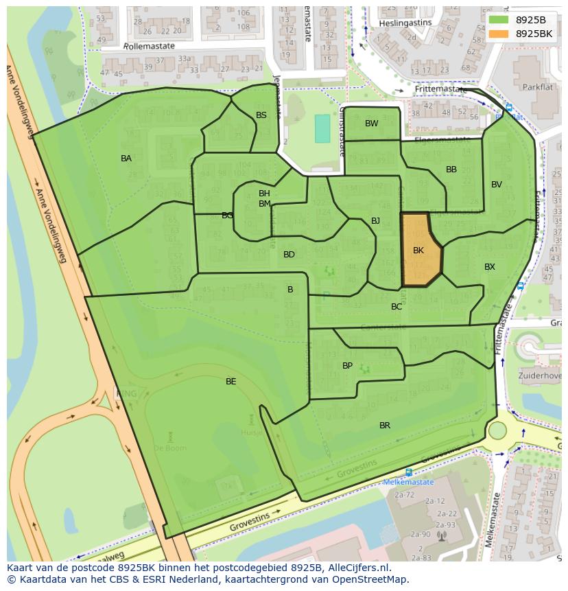 Afbeelding van het postcodegebied 8925 BK op de kaart.