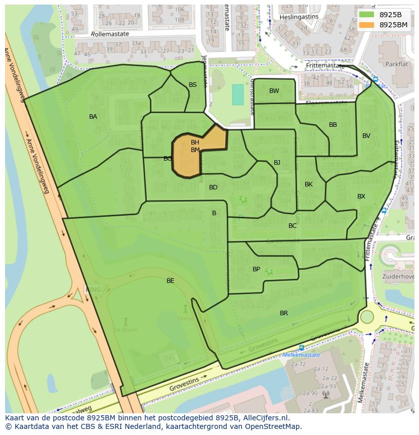 Afbeelding van het postcodegebied 8925 BM op de kaart.