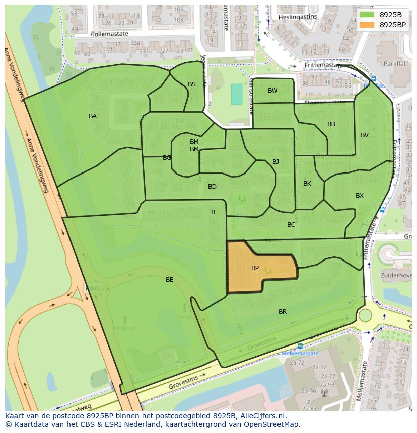 Afbeelding van het postcodegebied 8925 BP op de kaart.
