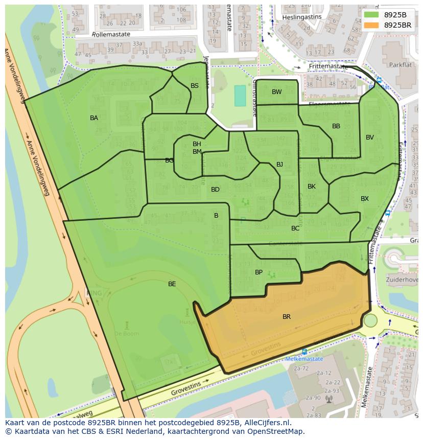 Afbeelding van het postcodegebied 8925 BR op de kaart.