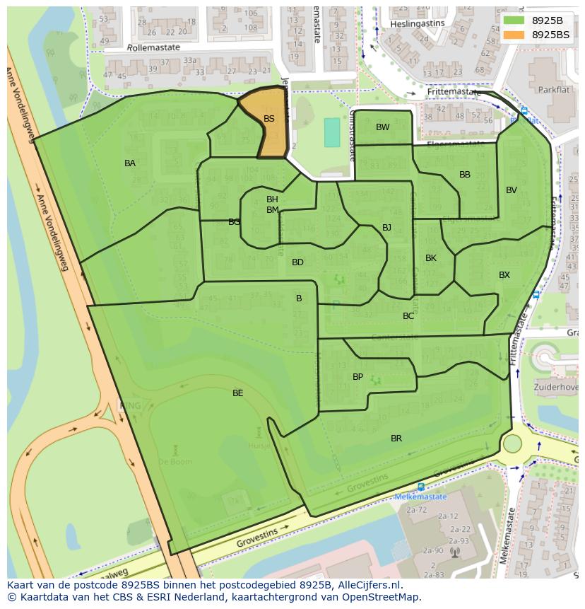 Afbeelding van het postcodegebied 8925 BS op de kaart.