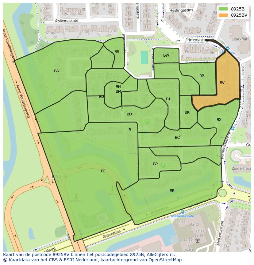 Afbeelding van het postcodegebied 8925 BV op de kaart.