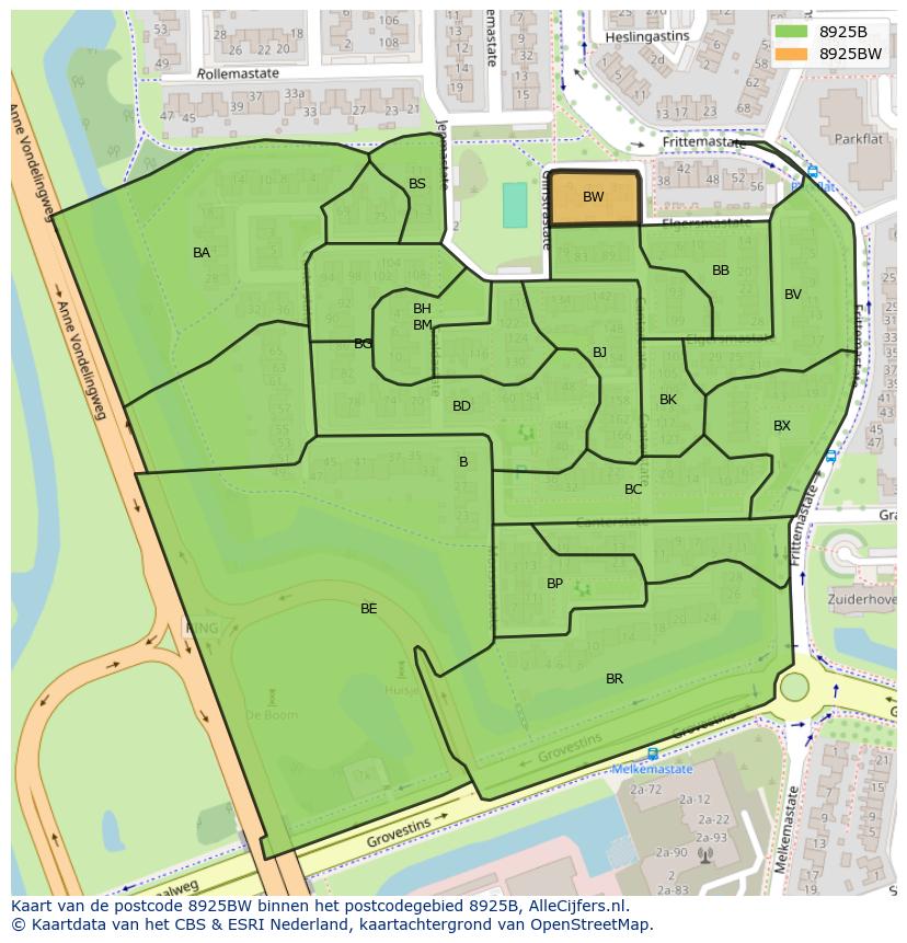 Afbeelding van het postcodegebied 8925 BW op de kaart.