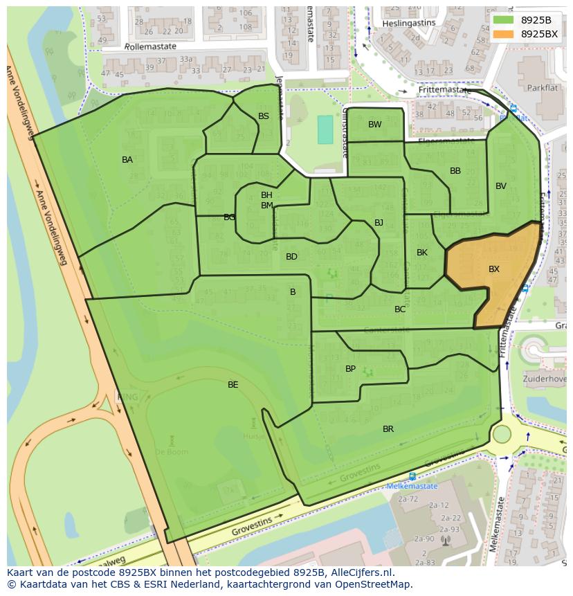 Afbeelding van het postcodegebied 8925 BX op de kaart.