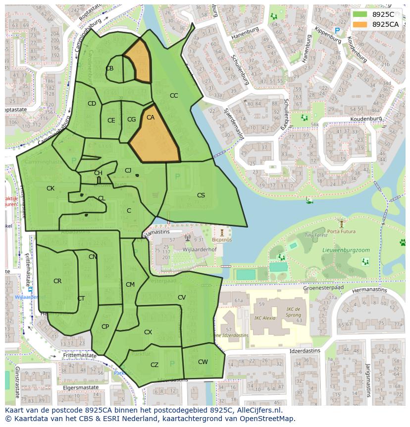 Afbeelding van het postcodegebied 8925 CA op de kaart.