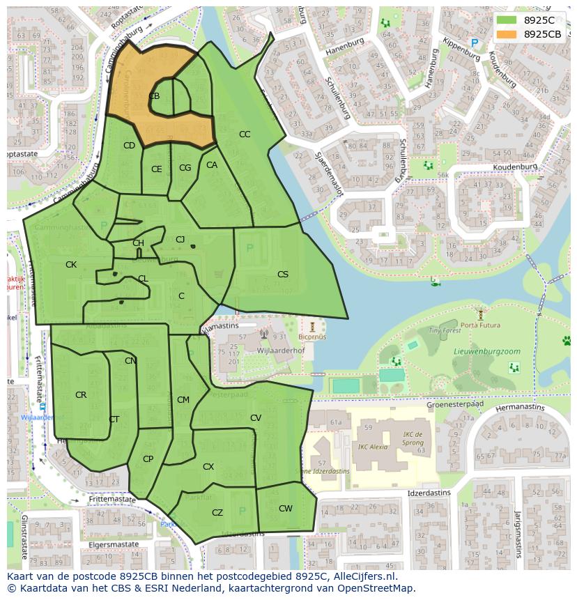 Afbeelding van het postcodegebied 8925 CB op de kaart.