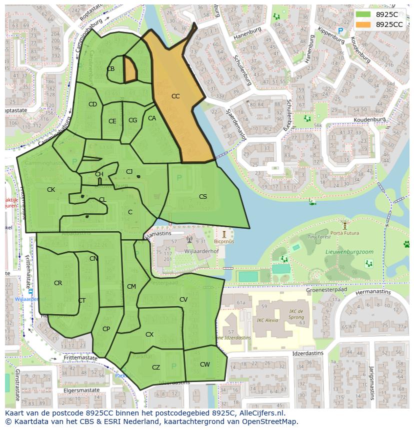 Afbeelding van het postcodegebied 8925 CC op de kaart.