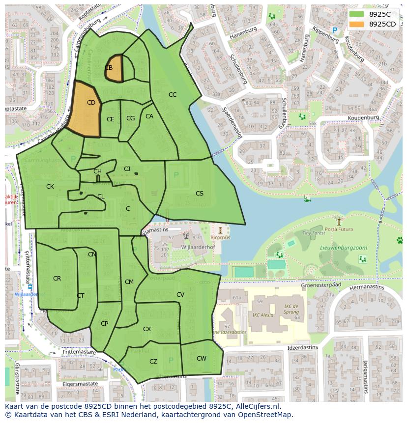 Afbeelding van het postcodegebied 8925 CD op de kaart.