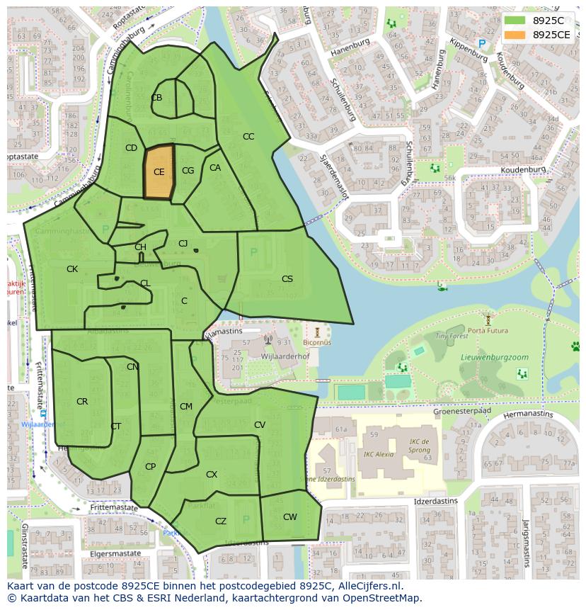 Afbeelding van het postcodegebied 8925 CE op de kaart.