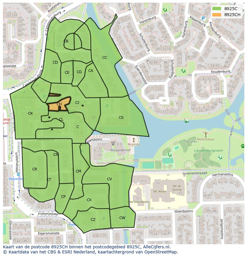 Afbeelding van het postcodegebied 8925 CH op de kaart.