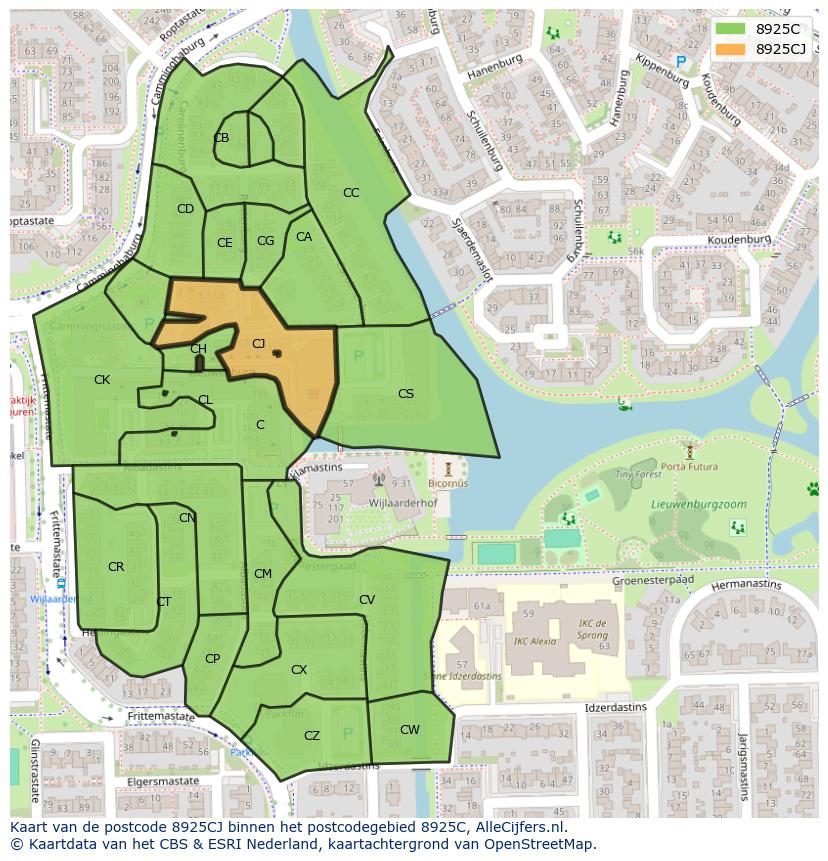 Afbeelding van het postcodegebied 8925 CJ op de kaart.