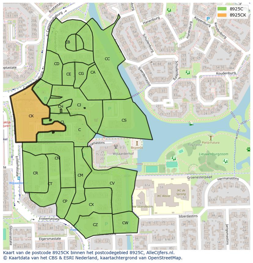 Afbeelding van het postcodegebied 8925 CK op de kaart.