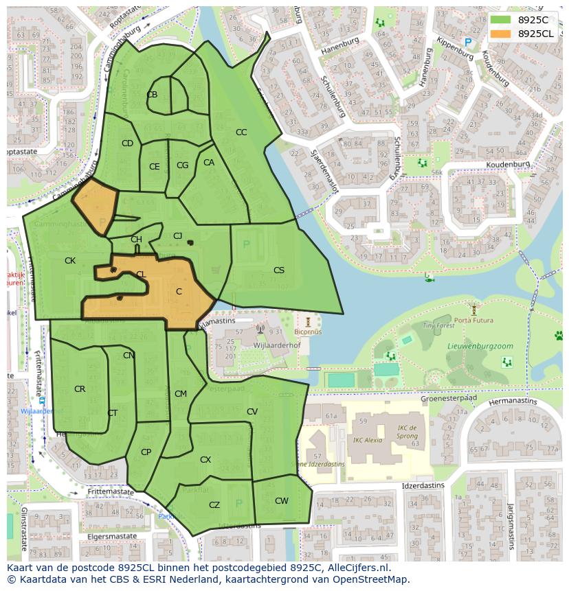 Afbeelding van het postcodegebied 8925 CL op de kaart.