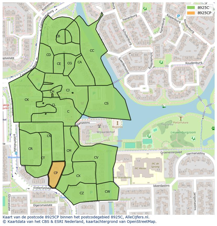Afbeelding van het postcodegebied 8925 CP op de kaart.