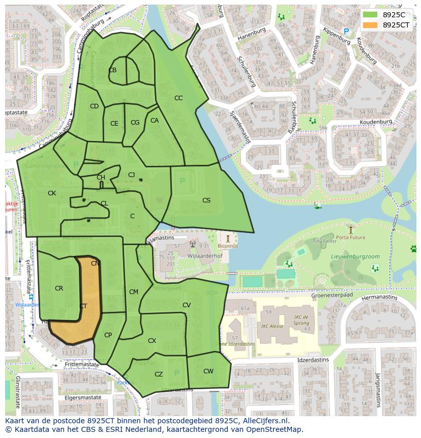 Afbeelding van het postcodegebied 8925 CT op de kaart.