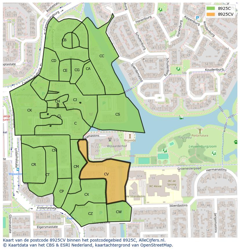 Afbeelding van het postcodegebied 8925 CV op de kaart.