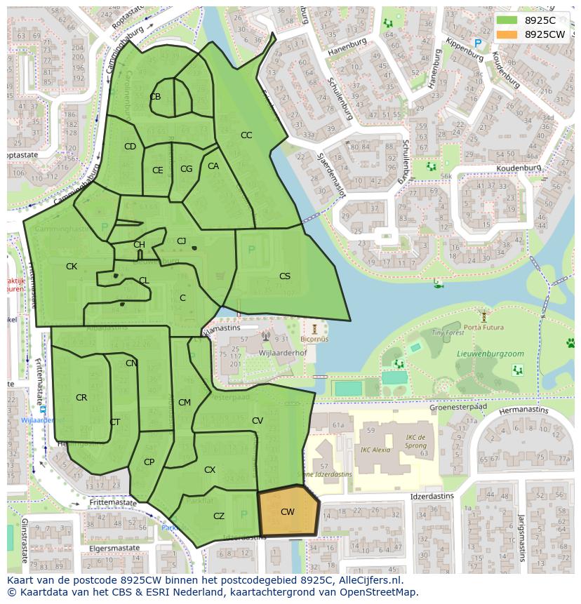 Afbeelding van het postcodegebied 8925 CW op de kaart.