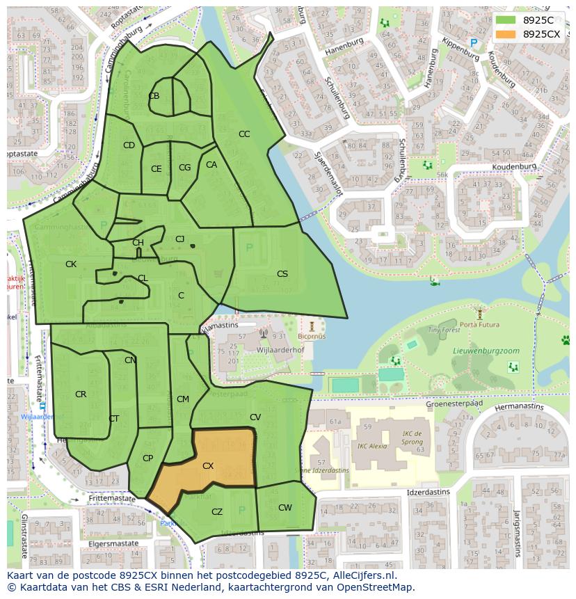 Afbeelding van het postcodegebied 8925 CX op de kaart.