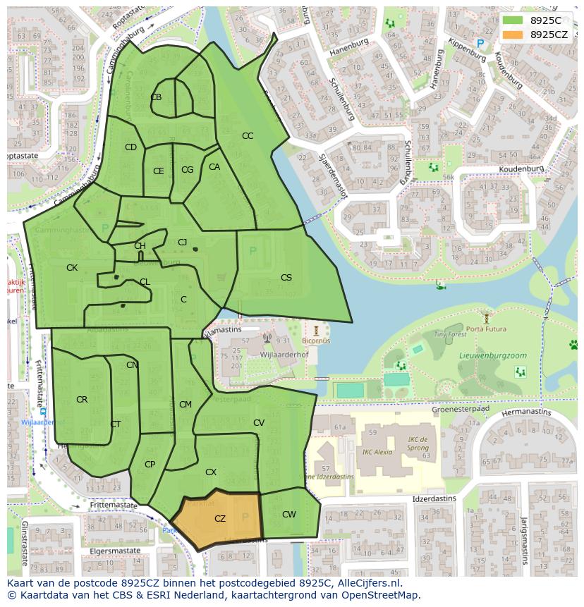 Afbeelding van het postcodegebied 8925 CZ op de kaart.