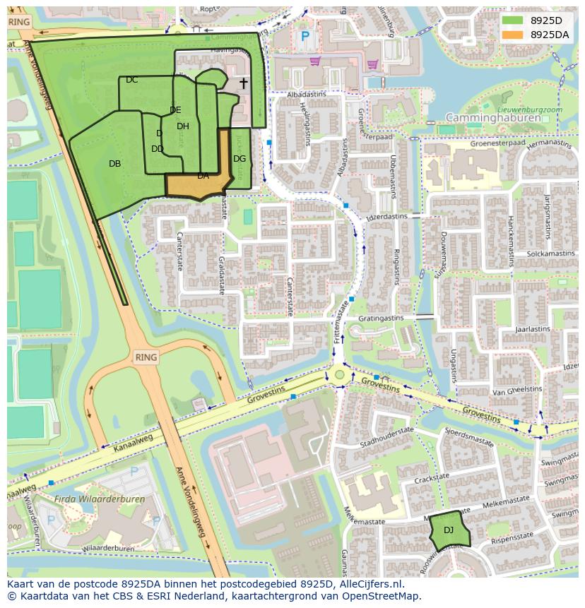 Afbeelding van het postcodegebied 8925 DA op de kaart.