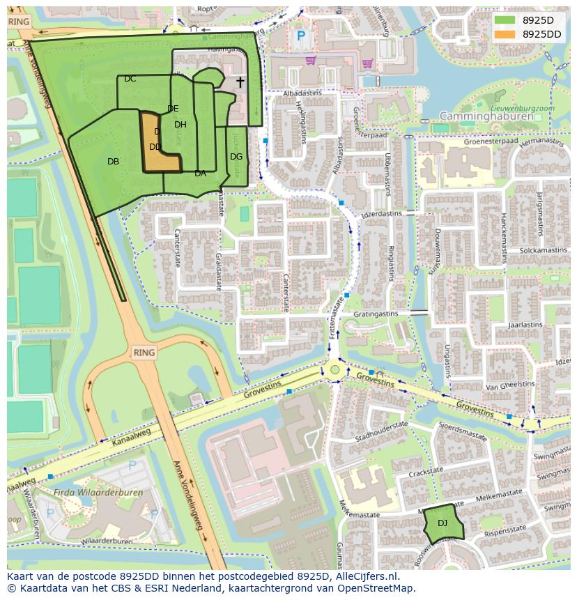 Afbeelding van het postcodegebied 8925 DD op de kaart.