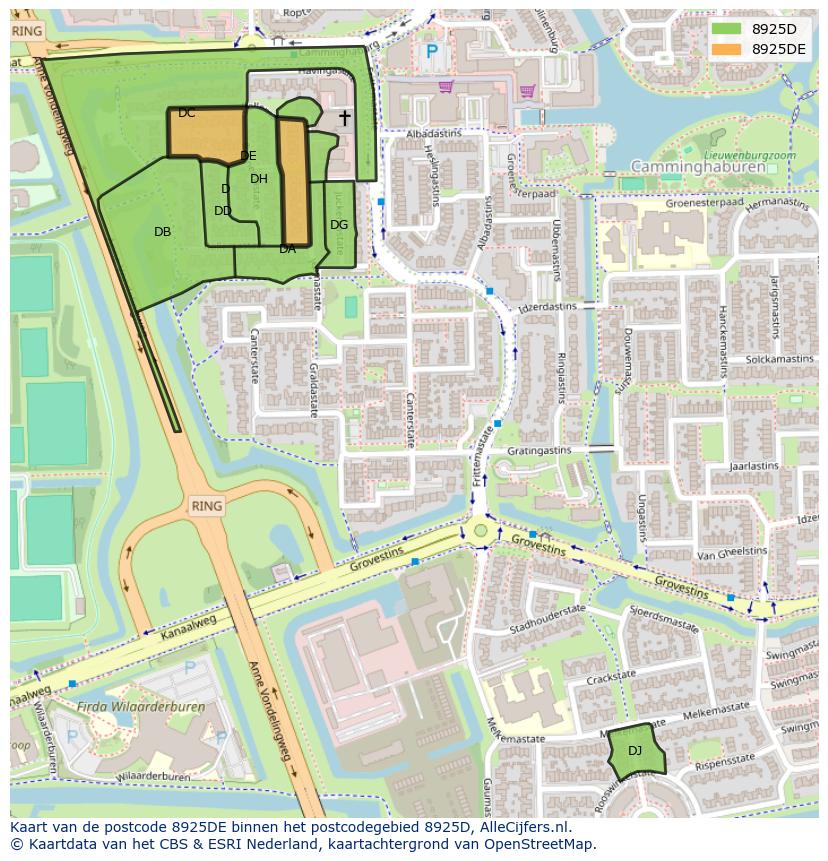 Afbeelding van het postcodegebied 8925 DE op de kaart.