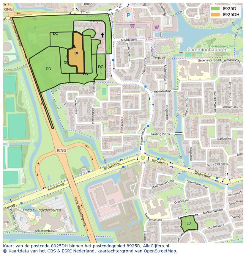 Afbeelding van het postcodegebied 8925 DH op de kaart.