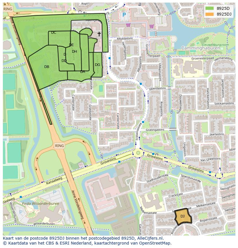 Afbeelding van het postcodegebied 8925 DJ op de kaart.