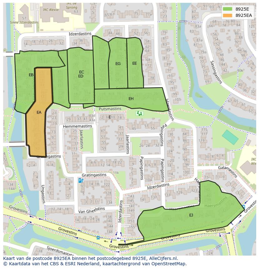Afbeelding van het postcodegebied 8925 EA op de kaart.