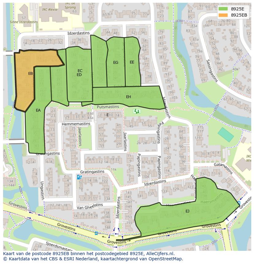 Afbeelding van het postcodegebied 8925 EB op de kaart.