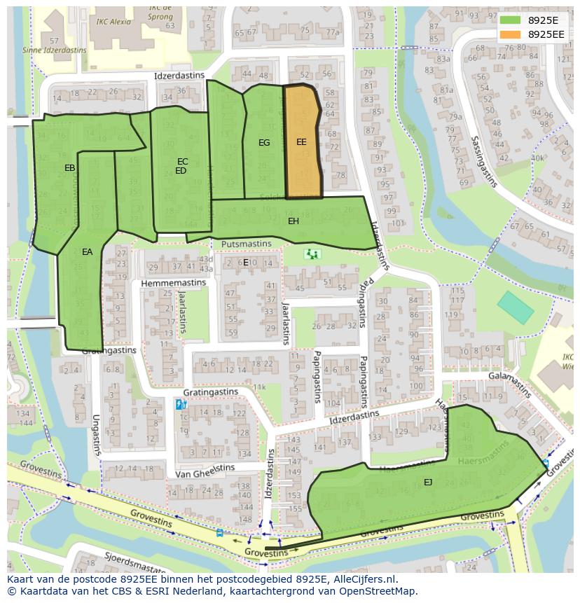 Afbeelding van het postcodegebied 8925 EE op de kaart.