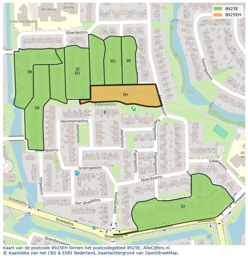 Afbeelding van het postcodegebied 8925 EH op de kaart.