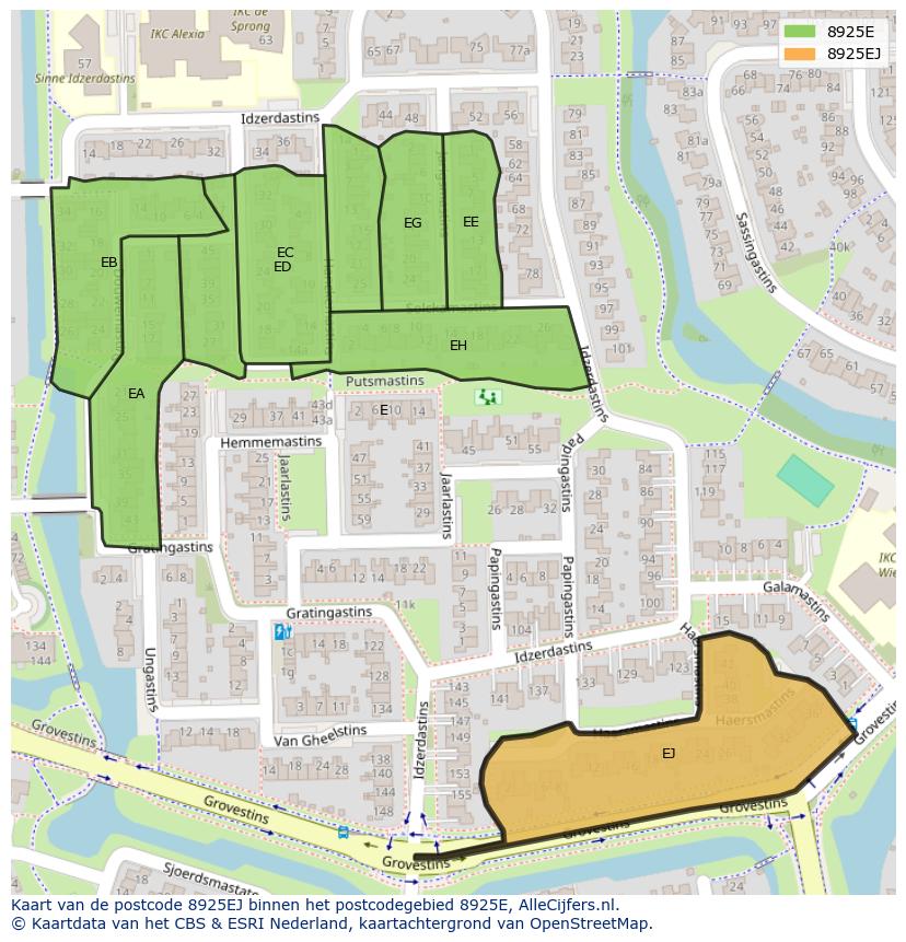 Afbeelding van het postcodegebied 8925 EJ op de kaart.