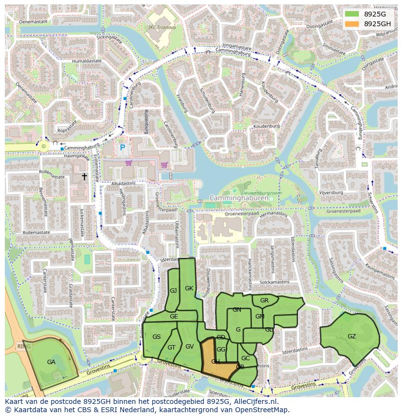 Afbeelding van het postcodegebied 8925 GH op de kaart.