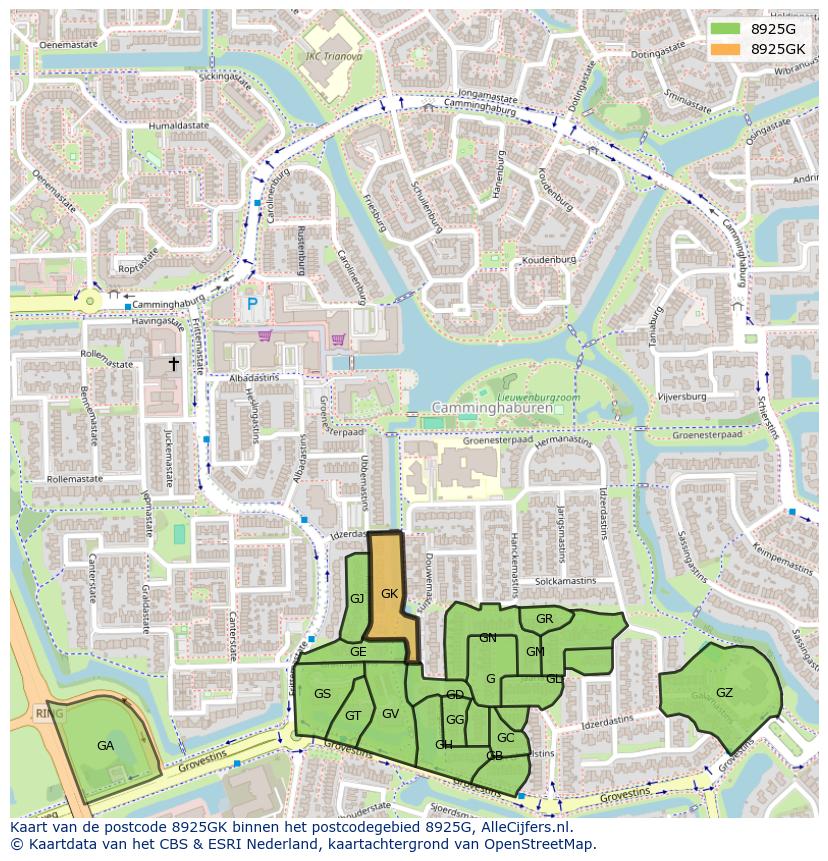 Afbeelding van het postcodegebied 8925 GK op de kaart.