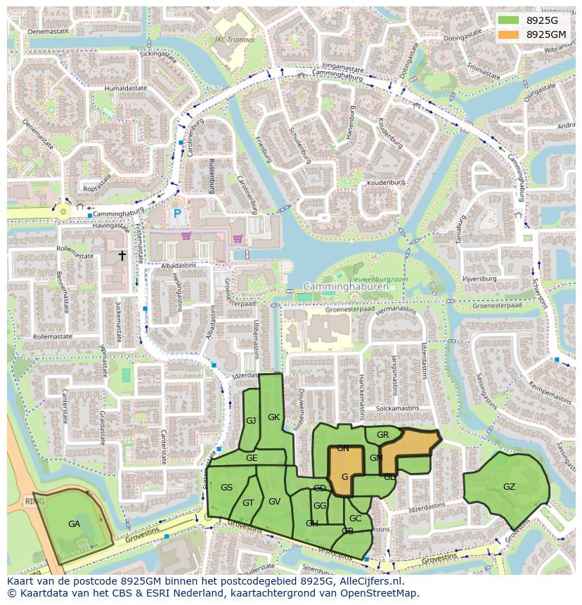 Afbeelding van het postcodegebied 8925 GM op de kaart.