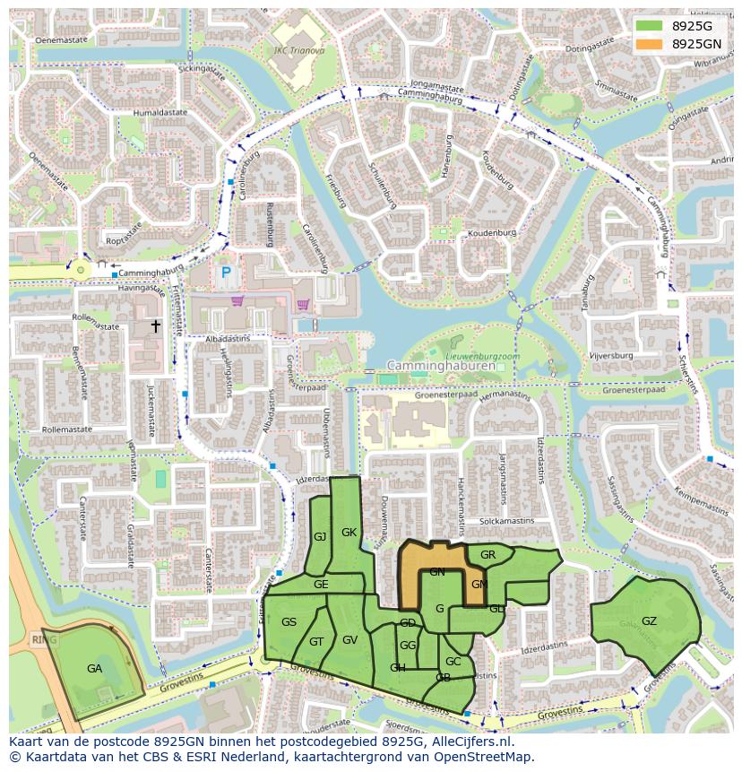 Afbeelding van het postcodegebied 8925 GN op de kaart.