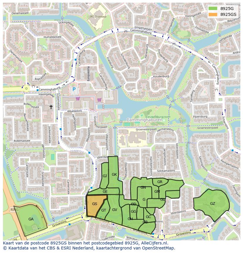 Afbeelding van het postcodegebied 8925 GS op de kaart.