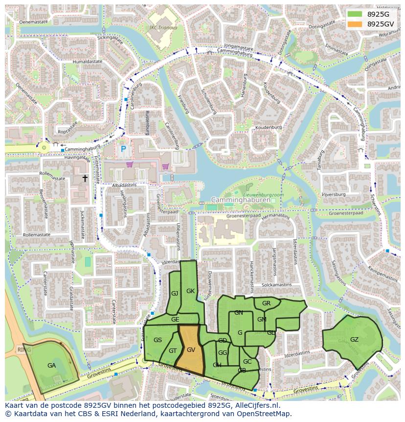Afbeelding van het postcodegebied 8925 GV op de kaart.