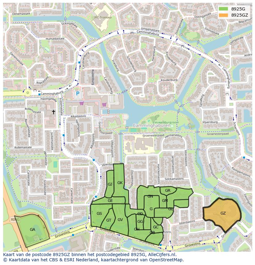 Afbeelding van het postcodegebied 8925 GZ op de kaart.