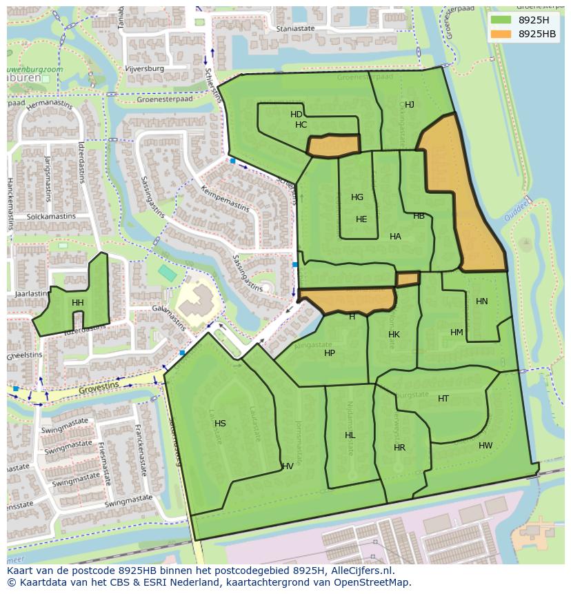 Afbeelding van het postcodegebied 8925 HB op de kaart.