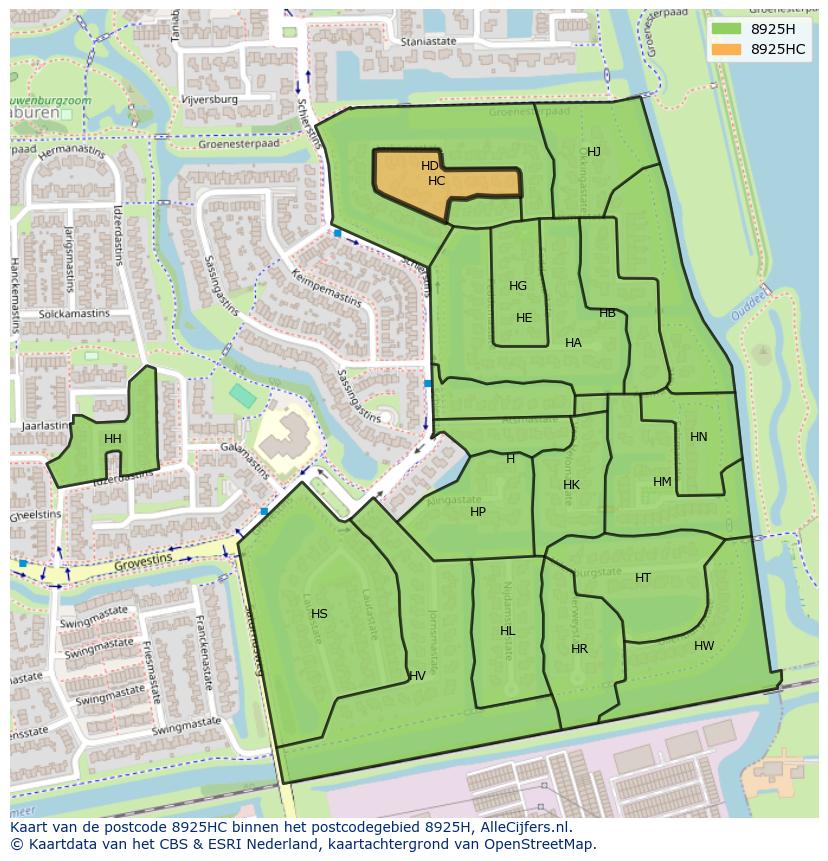 Afbeelding van het postcodegebied 8925 HC op de kaart.
