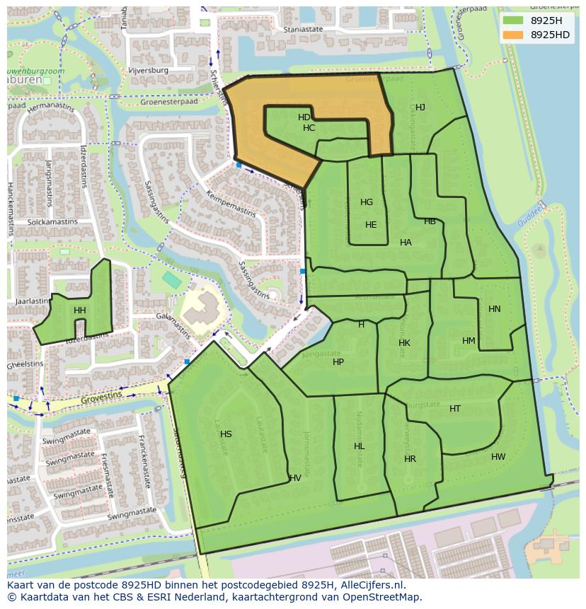 Afbeelding van het postcodegebied 8925 HD op de kaart.