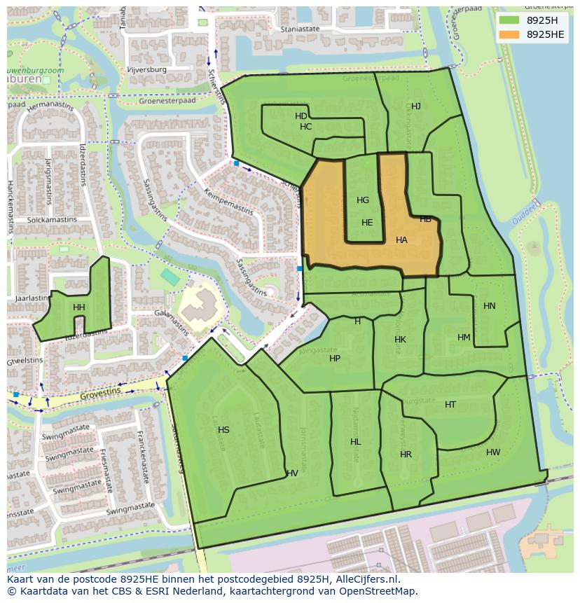 Afbeelding van het postcodegebied 8925 HE op de kaart.