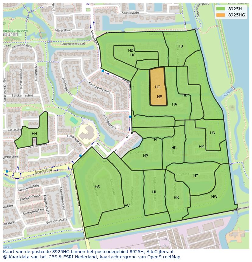 Afbeelding van het postcodegebied 8925 HG op de kaart.