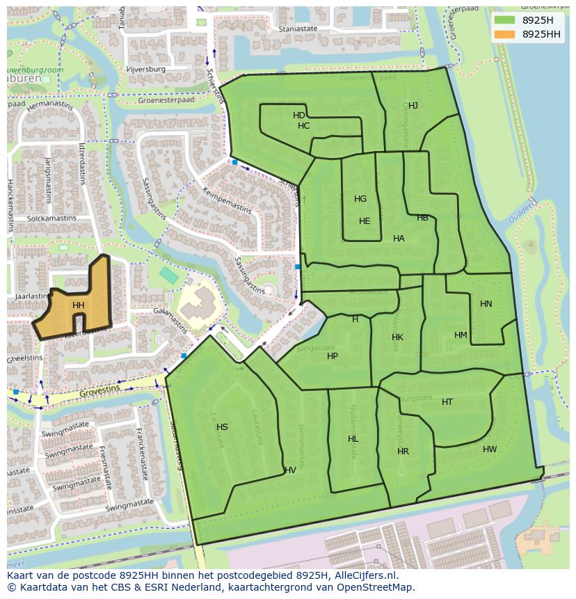 Afbeelding van het postcodegebied 8925 HH op de kaart.